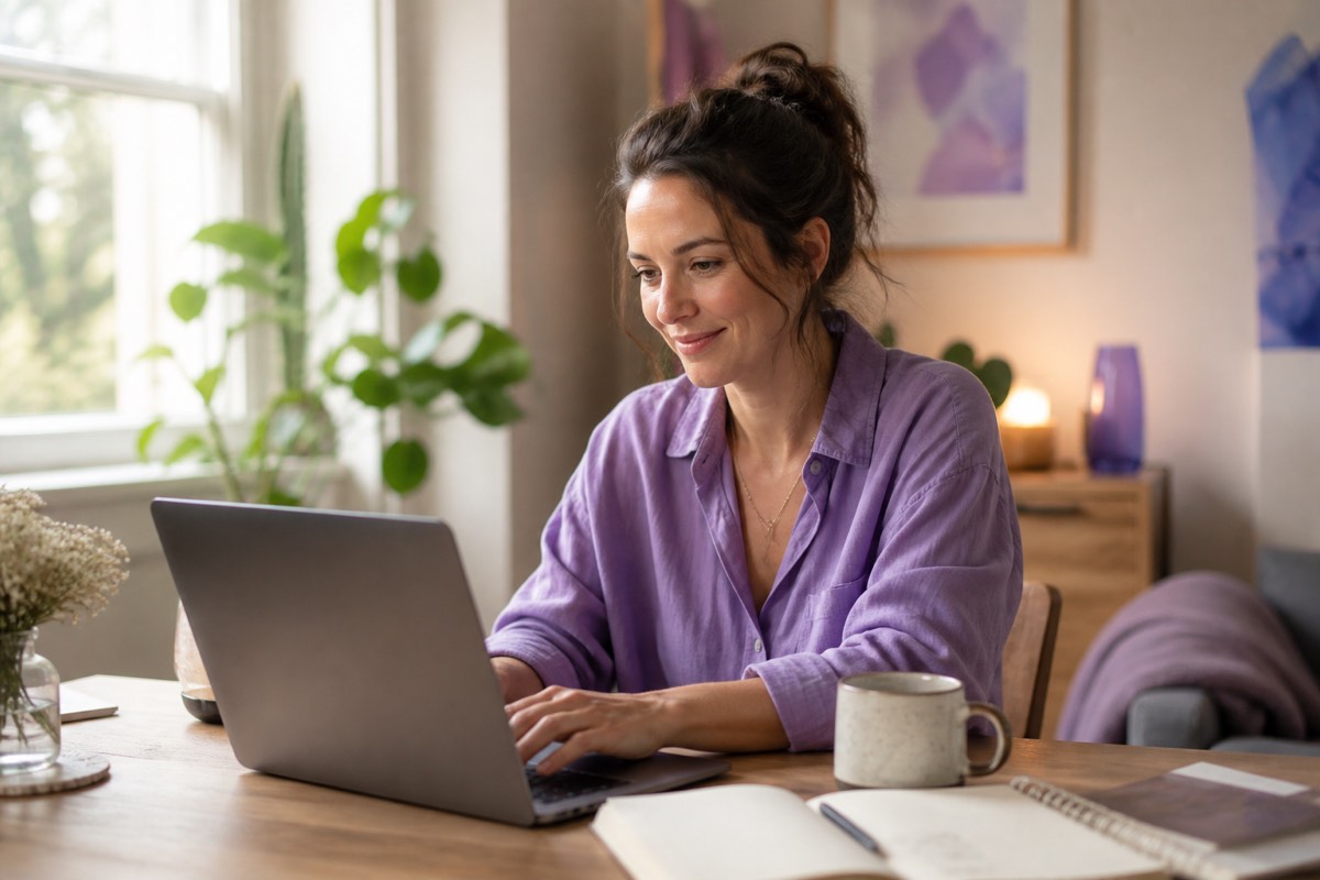A woman writing at a laptop by a sunlit window
